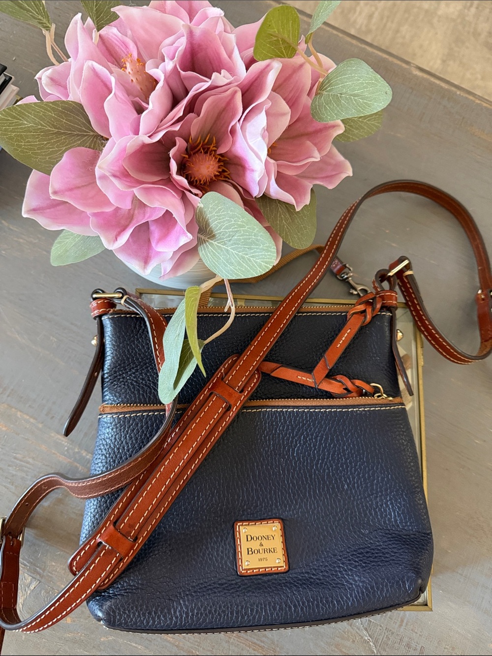 Dooney & Bourke Navy Pebble Leather Crossbody with Brown Trim